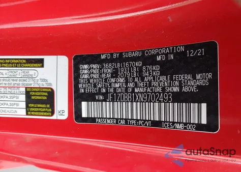 2022 Subaru Brz Premium из США, поврежденный, VIN JF1ZDBB1XN9702493